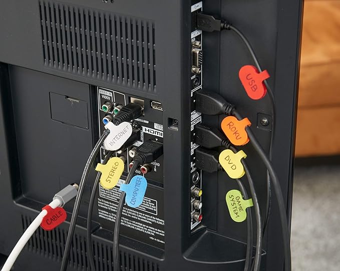 Wrap-It Storage - Cable Labels - Oval, Multi-Color (36 Pack) - Write-On Wire Tags for Cord Identification with Power Strips Behind Desks and TVs