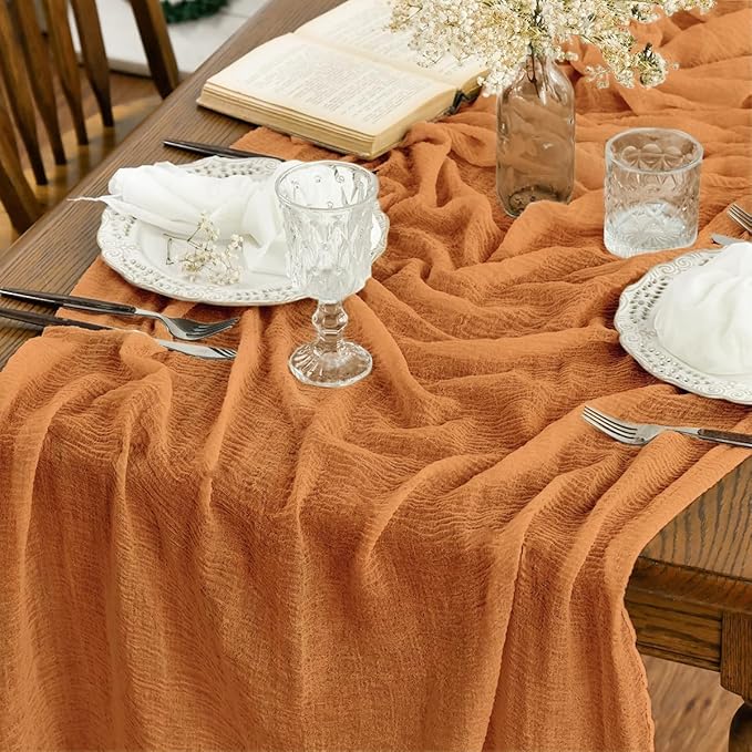 Artoid Mode Boho Cheesecloth Gauze Orange Wedding Table Runner, 160 Inch Seasonal Fall Thanksgiving Fabric Kitchen Dining Holiday Table Decor for Home Party Indoor