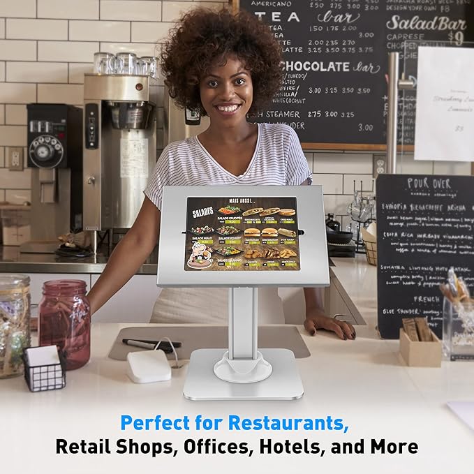 AboveTEK Anti-Theft iPad Kiosk Stand – POS iPad Security Stand & Locking Tablet Stand – Heavy Duty Base, 360° Swivel, 75° Tilt Bracket – Retail Business for iPad/iPad Air/iPad Pro (White)