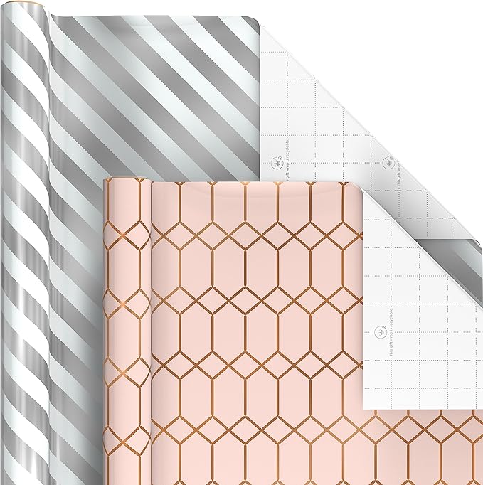 Hallmark Wrapping Paper with Cutlines on Reverse (6 Rolls: 180 Sq. Ft. Total) White and Silver Stripes, Mint Green, Gold Hearts and Flowers for Weddings, Bridal Showers, Birthdays