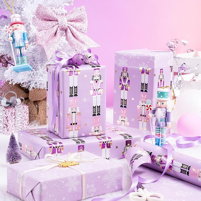 RUSPEPA 30" X 32.8' Reversible Christmas Wrapping Large Paper Roll, Jumbo Roll, Gold Foil Purple Nutcracker Soldier and Snowflakes Design Gift Wrap for Girls, Women, Family, Xmas Holiday Gifts