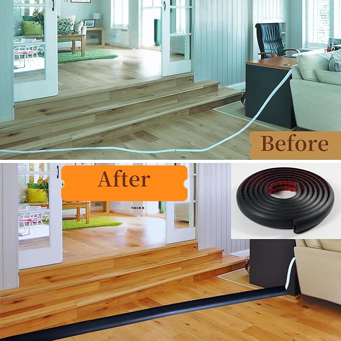 10ft Self Adhesive Floor Cord Cover,Cable Cavity:0.61" (W) x 0.32" (H),Heavy Duty Soft PVC Cable Protector and Extension Cord Hider,Cord Management System to Hide Wires on Floor,Black