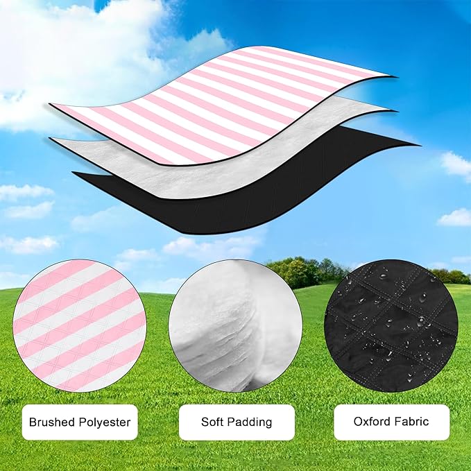 Waterproof Picnic Blankets,79''x79'' Extra Large Foldable Sandproof Beach Blanket,Portable 3-Layer Polyester Outdoor Picnic Blanket for Grass Lawn,Beach,Family Camping,Park,Travel-Pink Stripe