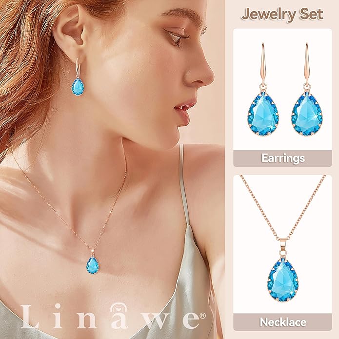 Linawe Crystal Jewelry Sets for Women, Imitation Diamond Pendant Necklace, Rhinestone Drop Dangle Earrings, Birthstone Cubic Zirconia Matching Wedding Jewelry, 14K Gold/Rose Gold/Silver Tones