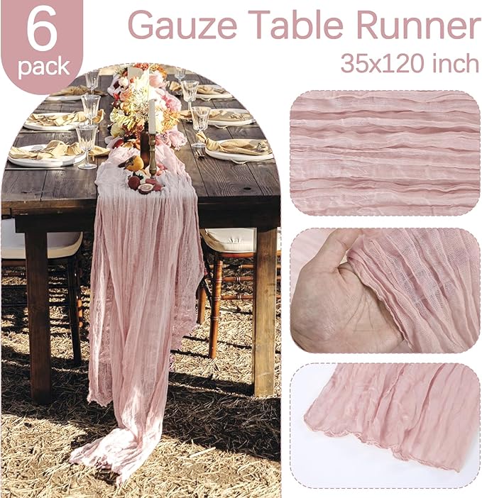 6 Pack Dusty Pink Cheesecloth Table Runner 10FT Boho Gauze Fabric Table Runner 35 x 120 Inch Rustic Sheer Runner for Centerpiece Wedding Birthday Baby Shower Party Boho Table Decoration