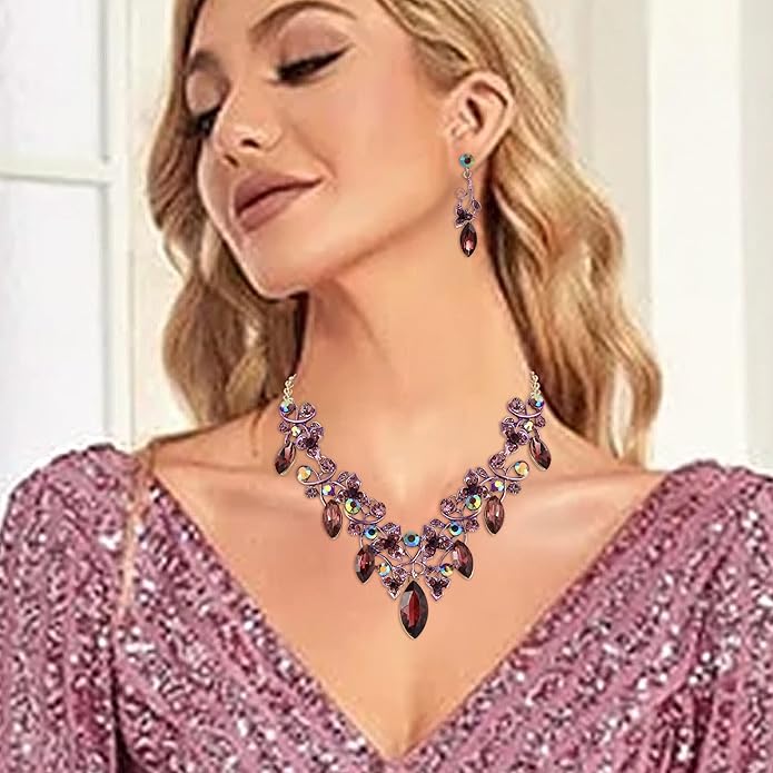 BriLove Women's Costume Fashion Crystal Floral Vine Leaf Statement Necklace Dangle Earrings Set