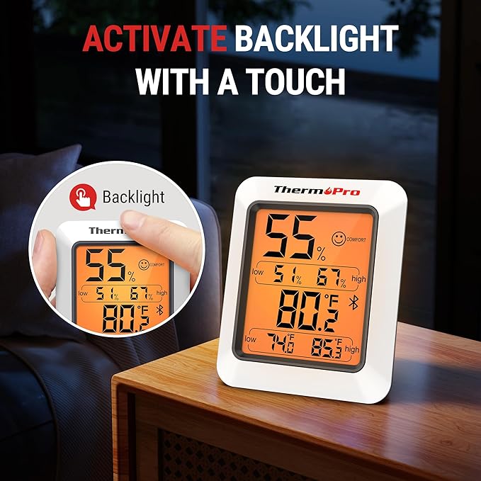 ThermoPro Hygrometer Thermometer for House TP350, Bluetooth Room Indoor Greenhouse Thermometer Monitor Up to 260FT, Backlit Humidity Meter Temperature Sensor with 2-Year Data Export
