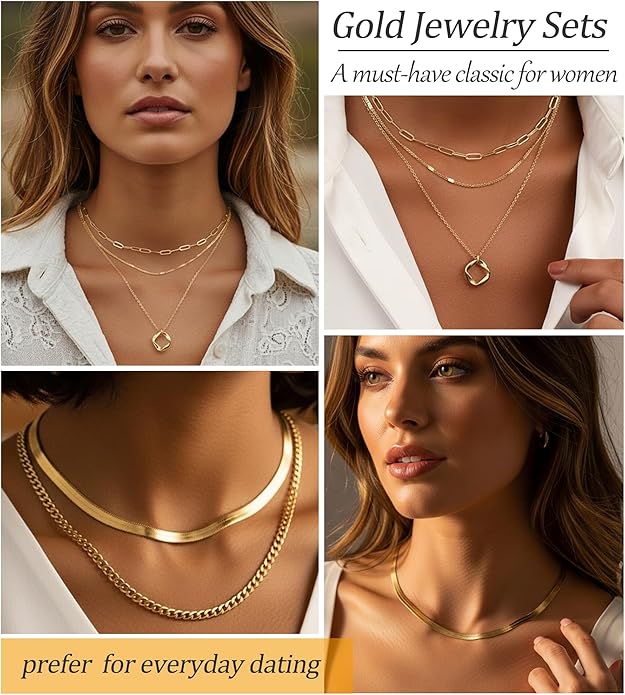 Valentines Gifts -56 Pcs Gold Jewelry Set for Women with 5Pcs Layered Necklace, 5Pcs Layered Necklace, 12 Bracelets, 4 Hoop Earrings, 8 Stackable Rings, 10 hairpins, 12 Studs Earrings Jewerly set for Women