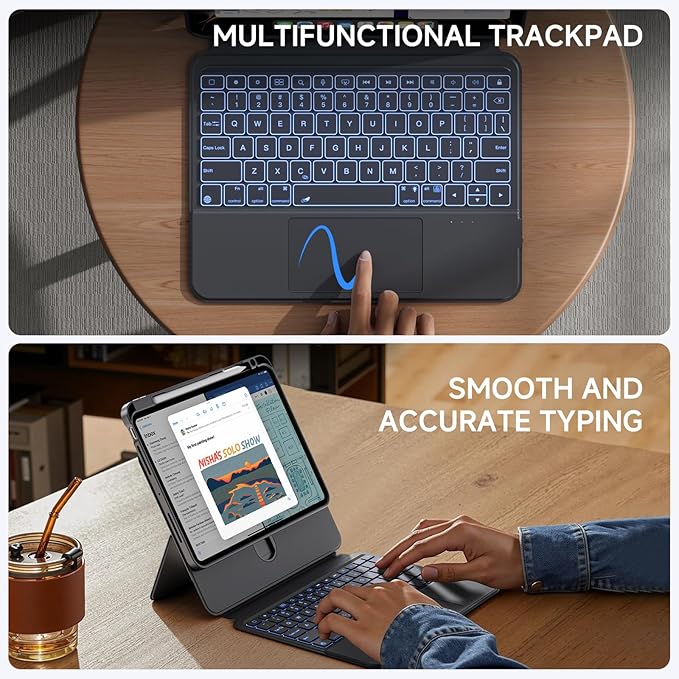 ONLY fit for iPad 12.9 inch Pro 6/5/4/3rd Gen & 13 inch iPad Air (2025 M3, 2024 M2) Case with Detachable Keyboard Trackpad, 360 Rotate Cover Pencil Holder 12 Shortcut Key 7 Color Backlit, Black