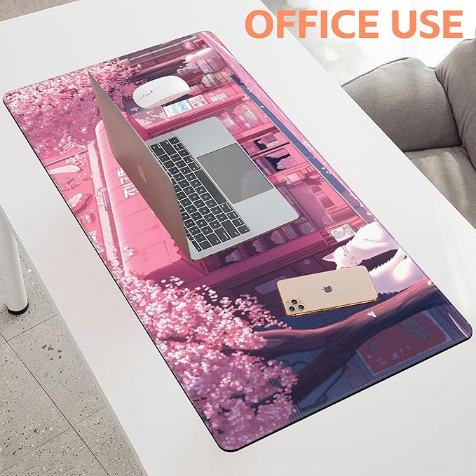Mouse Pad Large Cake Shop and White Cats Non-Slip Gaming Desk Mat with Stitched Edge Laptop Keyboard Desk Pad for Work Home Gaming (35.4 x 15.7 Inches)