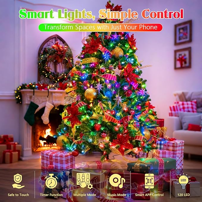 51FT 120LED Smart Color Changing Christmas String Lights Outdoor | App Control RGB LED String Lights with Remote & Timer, Waterproof Twinkle Christmas Tree Lights Indoor for Holiday Xmas Decor