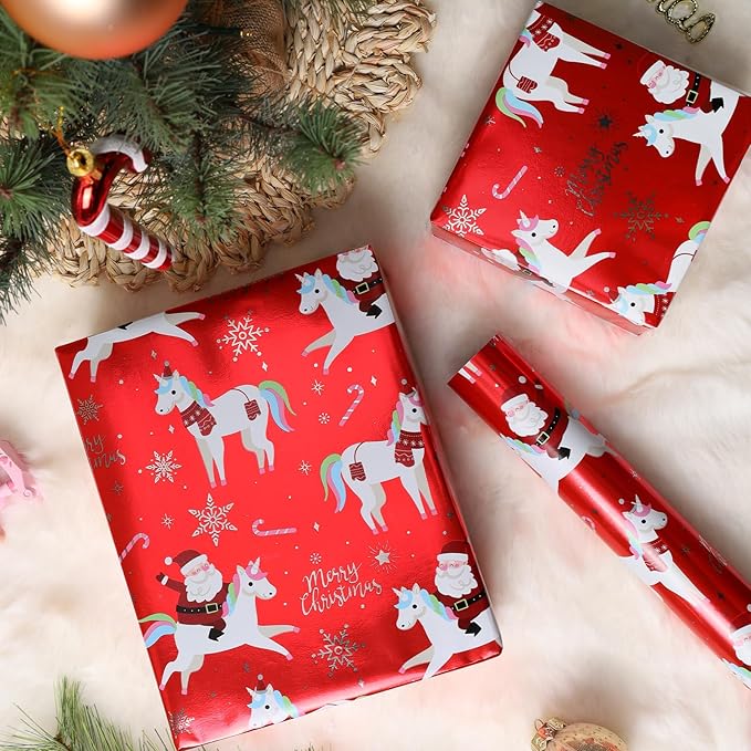 LaRibbons Christmas Foil Wrapping Paper Roll, Classic Santa Unicorn Rainbow Design Gift Wrap Paper for Kids, Christmas, Season Party, Holiday, 17 Inch X 33 Feet