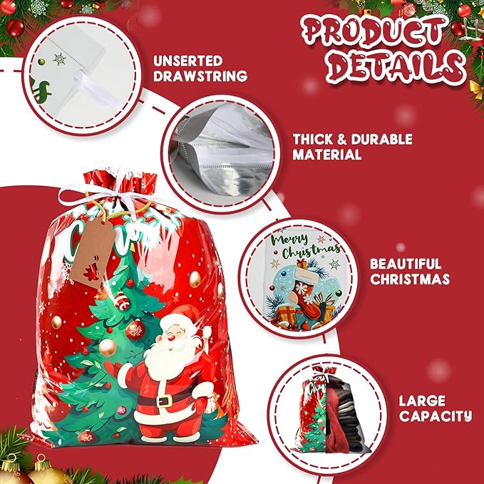 AURUZA 40Packs Christmas Drawstring Gift Bags - Assorted Sizes from Small to Jumbo, with Colorful Designs & Tags, deal for Holiday Wrapping & Decorations Party Favors