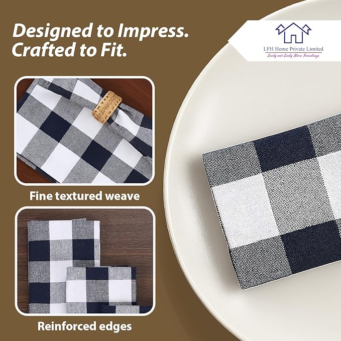 LFH Home 100% Cotton Cloth Reusable Dinner Napkins Set of 12 Washable Soft Decorative Buffalo Plaid Gingham and Checkered Table Napkins for Holidays Wedding Farmhouse Decor 18x18 Inch-Navy Blue&White