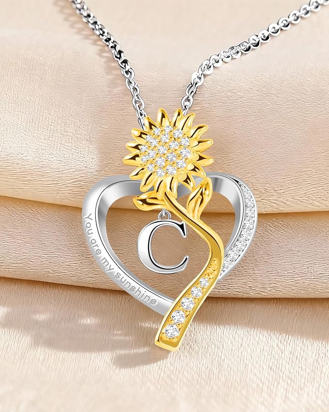 Birthday Gifts for Women Preserved Real Rose with Sunflower Initial Necklace - Birthday Gifts for Women Her Mom Wife on Valentines Mothers Day Christmas Anniversary Romantic with Pendant C