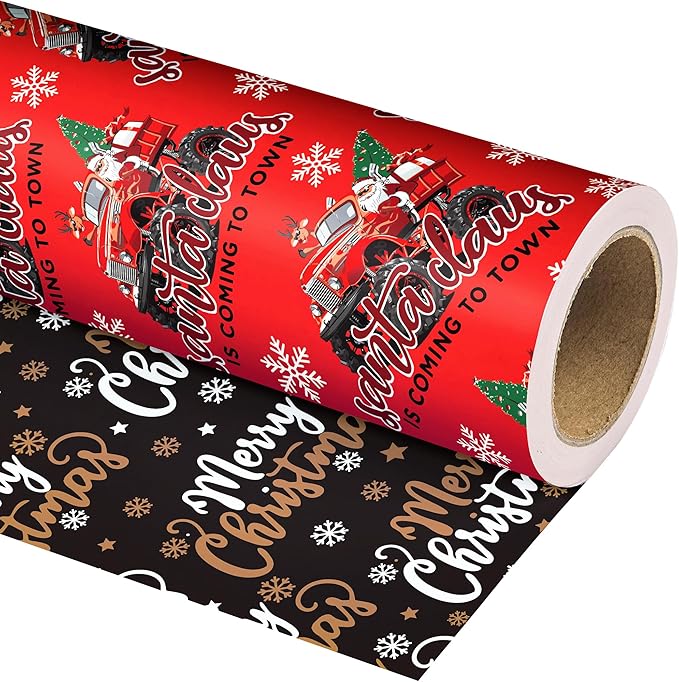 Vnaaem Reversible Monster Truck Christmas Wrapping Paper Roll for Kids Men - Red Xmas Truck, Santa Claus & Merry Christmas Lettering Design Gift Wrap for Holiday Party Celebration, DIY Craft - 17 In X 20 Ft(Total 28.5sq.ft)