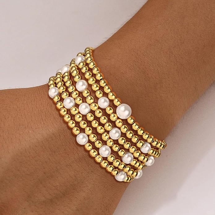 Gold Bead Bracelets for Women Girls - 14K Gold Plated Dainty Round Bead Ball Pearl Cross Bracelet Stack for Women Teenage Girls Stackable Jewelry Christmas Gifts