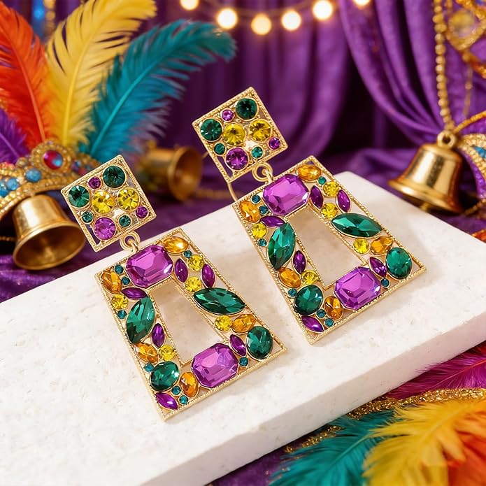 Rhinestone Rectangle Statement Earrings Colorful Crystal Geometric Drop Dangle Earrings for Women Prom Party