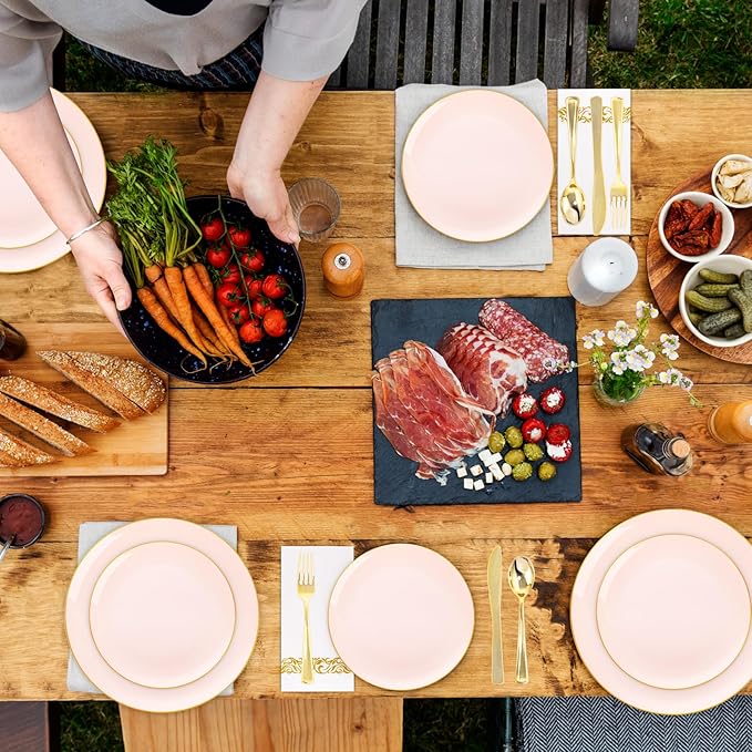 YOUBET 175PCS Pink Plastic Plates - Pink and Gold Disposable Plates Include 50 Plastic Plate, 75 Silverware, 25 Cups, 25 Napkins for Wedding & Party & Birthday