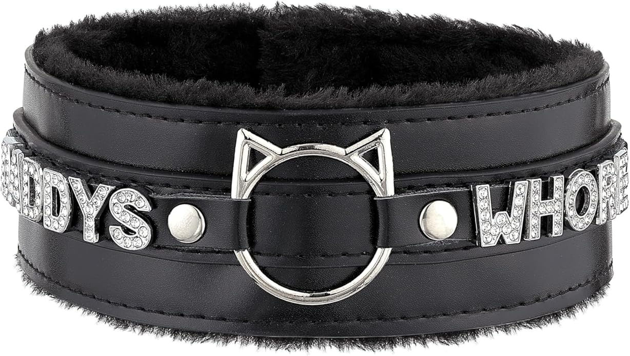 Handmade Collar Choker Necklace for Women – Cat Ear O-Ring Punk Goth Letter Choker,Black/Pink Furry Alt Fashion Jewelry