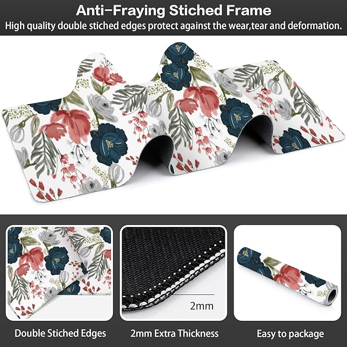 Watercolor Flowers Desk Mat,Large Colorful Floral Gaming Keyboard Mouse Pad,Non-Slip Rubber Base Desk Pad Thick Stitched Edges Waterproof Mousepad Mouse Mat 31.5"x11.8"