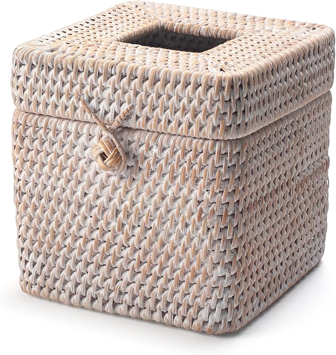 Rattan Tissue Box Cover Natural Woven Facial Napkin Holder Square with Lid 5.7 x 5.7 x 5.5 Inch (White)