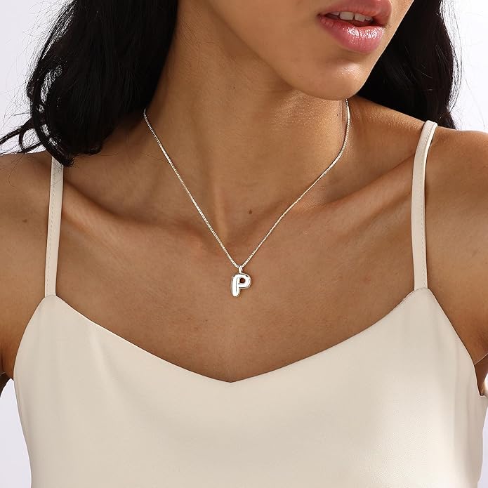 Bubble Gold Silver Letter Necklace Initial Necklaces for Women Trendy 14K Dainty Charm Pendant Name Necklace Personalized Jewelry Gift for Women Teen