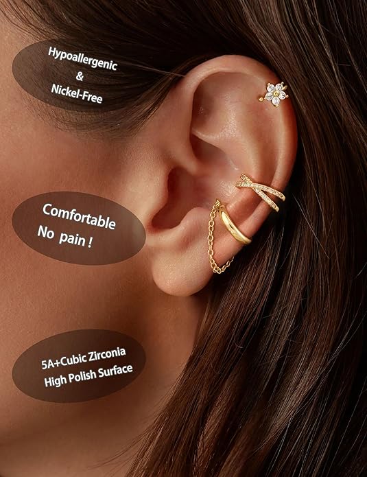 3Pcs Ear Cuffs Non Piercing for Women - Trendy 14K Gold Plated Cuffs Earrings with Cubic Zirconia - Dainty Clip On Cartilage Earring Jewelry