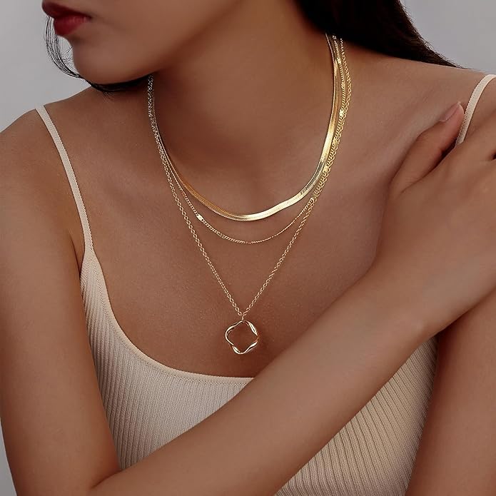 Evabelle Gold Layered Necklace for Women Trendy Jewelry 14K Real Gold Plated Chunky Chain Stackable Necklaces Dainty Choker Necklaces Rectangle Square Pendant