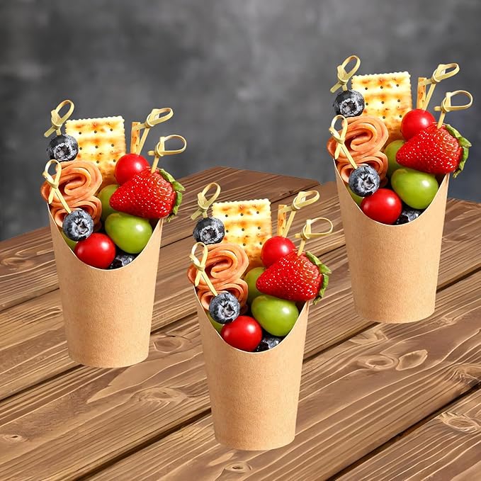 12Oz Charcuterie Cup Set, 100 Pcs Cups with 200 Pcs Coctail Picks, French Fry Holder and Bamboo Knot Skewers, Handheld Party Appetizer Kit, Disposable Kraft Paper Snack Box Container, Take Out Cones