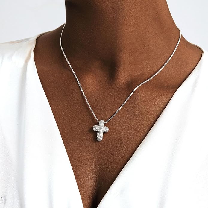 OGD Bubble Cross Necklace for Women 14k Gold Plated Cross Necklace Stackable Dainty Gold Necklace Mariner Chain Necklace CZ Cross Pendant Necklaces Set Simple Jewelry Gift