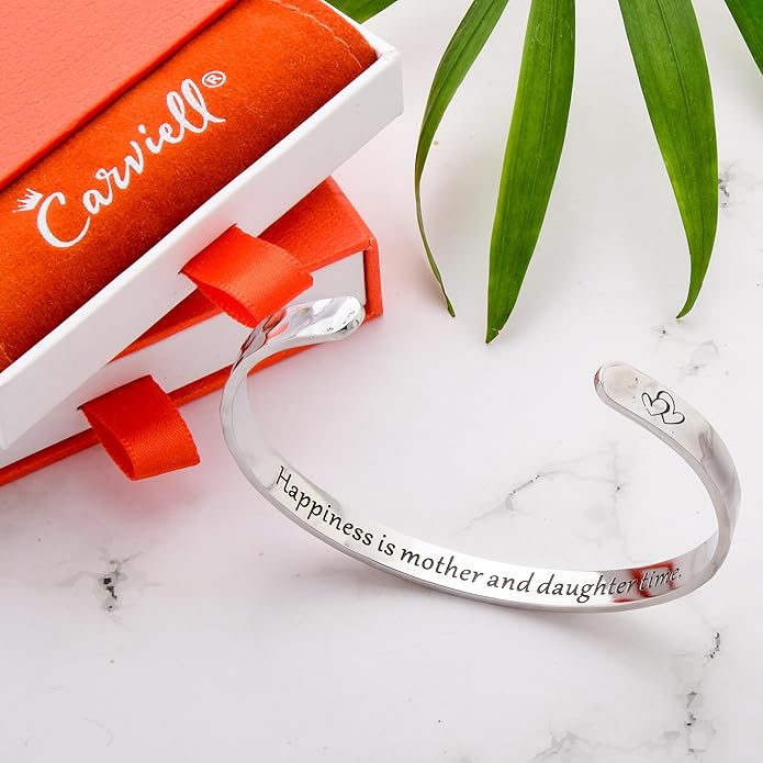 Carviell Engraved Cuff Bracelets for Women – Inspirational, Friendship, Love, Mom, Daughter, Sister, Christian, Graduation, Memorial & Wedding Gifts – 80+ Phrases – Stainless Steel, Gift-Ready