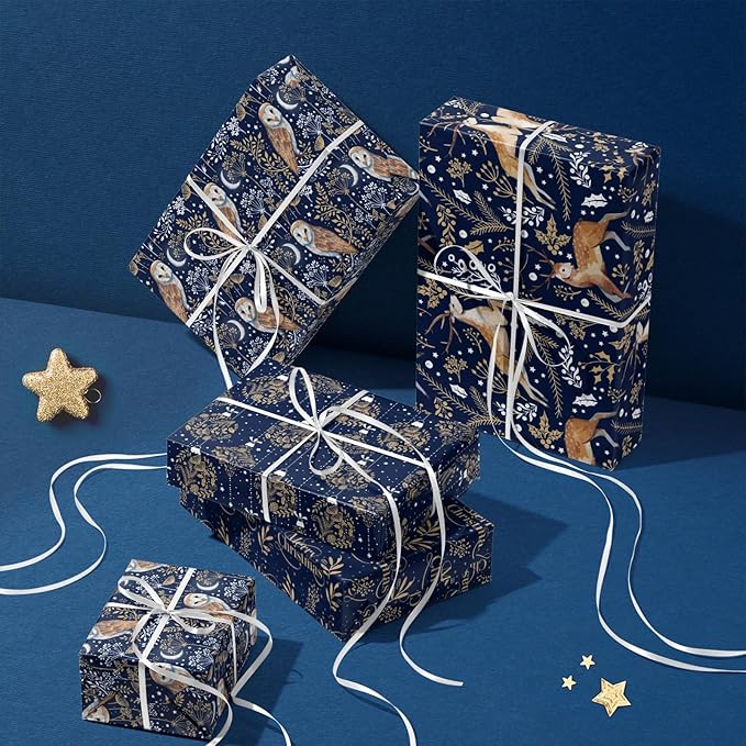 RUSPEPA Christmas Kraft Wrapping Paper Roll - Blue Owl, Reindeer, Christmas Ball and Text Design - 17 inches x 10 feet per Roll, Total of 4 Rolls