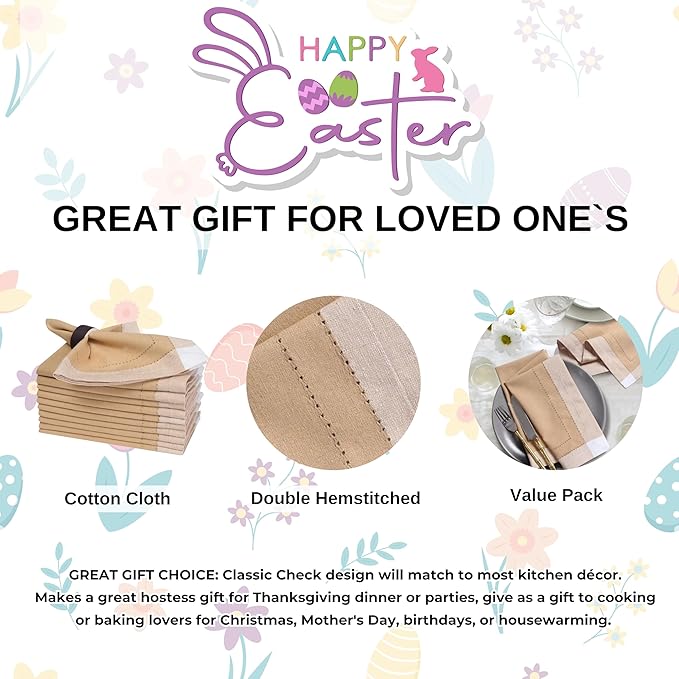 Homidate Cotton Cloth Napkins Set of 12 – 20x20 Beige Multi Double Hemstitched – Machine Washable Dinner Napkins for Weddings, Easter & Special Occasions
