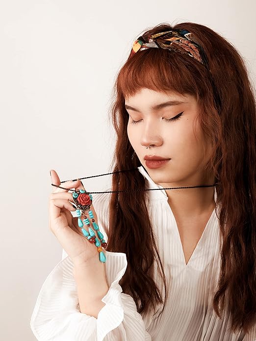 MINACHI Vintage Bohemian Colorful Ceramic Bead Antique Flower Y Necklace, Vintage Boho Hippie Statement Jewelry Gift for Women