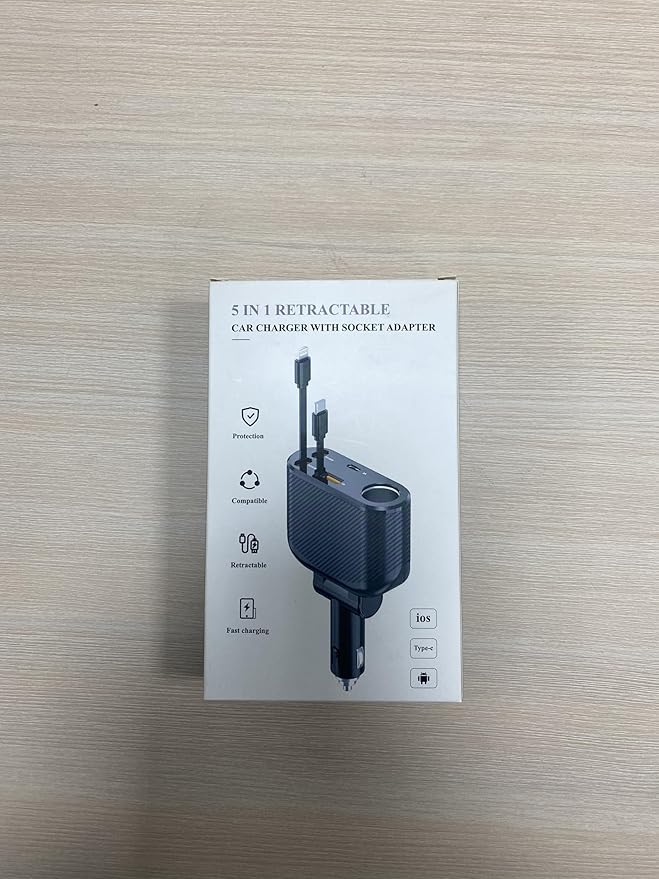 OHLPRO Retractable Car Charger Cigarette Lighter Adapter, 168W 5 in 1 Fast Phone Charging Built-in Replaceable Fuse, Socket Splitter with USB C and USB i Cord, Fit for Phone, iPad, Galaxy, GPS