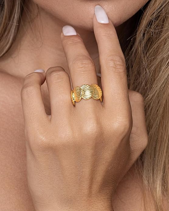 Gold Large Chunky Dainty Shell FULLY ADJUSTABLE Open Ring for Women by SNGIA, Summer Beach Handmade Adjustable Seashell Ring, Minimalist Stackable Ocean Themed Wedding Date Birthday Gift, Bold Exaggerated Irregular Wavy Trendy Ribbed Jewelry, Textured ...