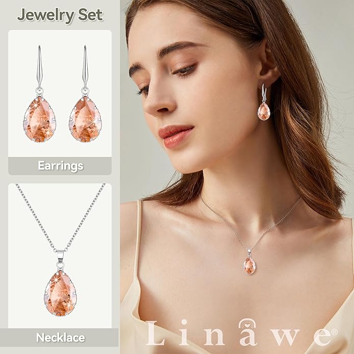 Linawe Crystal Jewelry Sets for Women, Imitation Diamond Pendant Necklace, Rhinestone Drop Dangle Earrings, Birthstone Cubic Zirconia Matching Wedding Jewelry, 14K Gold/Rose Gold/Silver Tones