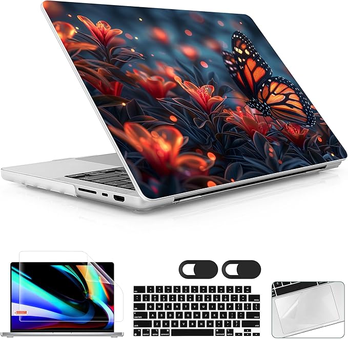 for MacBook Pro 16 inch Case 2021 2022 2023 2024 Release A3186 A3403 M4 A2991 M3 A2780 M2 A2485 M1 Pro/Max, Hard Shell Case with Screen Protector & Keyboard Cover, Butterflies Flowers