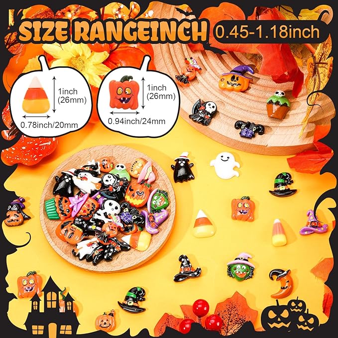 Giegxin 40pcs Halloween Resin Charms Halloween Decor Pumpkin Witch Hat Candy Corn Ghost Flatback Cabochon Accessories Cute Embellishment Bulk for Jewelry Cellphone Case Scrapbooking Headband DIY Craft