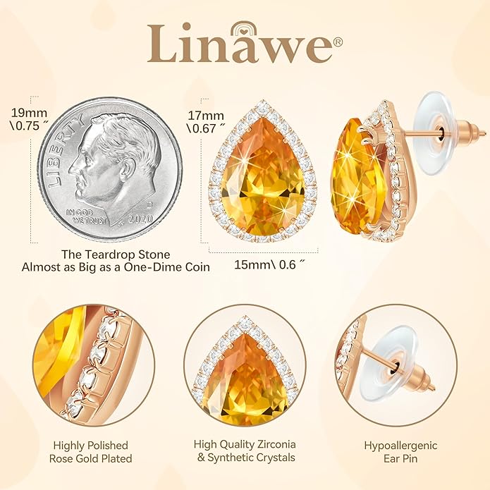 Linawe Women Stud Earrings, Teardrop Diamond Moissanite Cubic Zirconia Earrings Studs Rhinestone Jewelry Gold/Silver/Rose Gold
