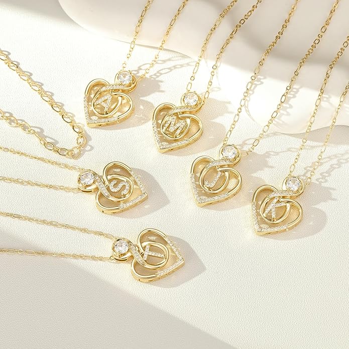 Heart Letter Necklaces for Women 14K Gold Plated Cubic Zirconia Heart Initial Layered Necklace Infinity Pendant Necklace Letter Initial Jewelry for Women