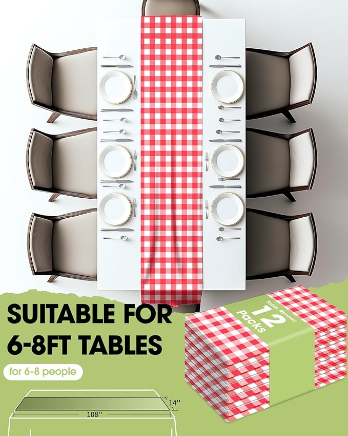 Pureegg Gingham Plastic Table Runners - 12 Pack, 14'' x 108'', Water Resistant & Disposable Plaid Centerpiece Decorations for Table Cloth, Birthday, Holiday, Party, Red and White Checkered Home Decor