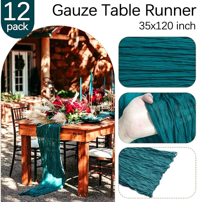 RestfulGlow12 Pack Teal Cheesecloth Table Runner 10FT Boho Gauze Fabric Table Runner 35 x 120 Inch Rustic Sheer Runner for Centerpiece Wedding Decor Baby Shower Party Boho Table Decoration(Teal)