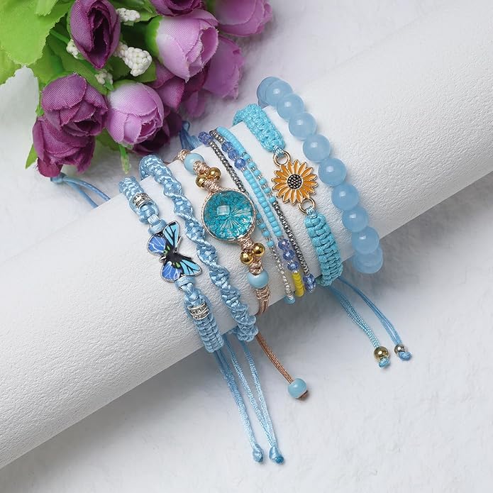 DS 6PCS String beads Charm Bracelets for Teen Girls Handmade Braided Rope Butterfly daisies Eternal flower Boho Surfer Bracelet for women Adjustable friendship Stretch birthday jewelry Gift Friends