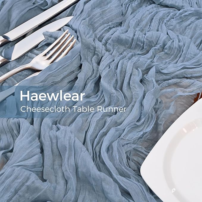 6 Pack Boho Gauze Cheesecloth Long Rustic Sheer Table Runner for Wedding, Bridal, Baby Shower, Birthday Party, Cake Table, Arbor Decorations (Dusty Blue)