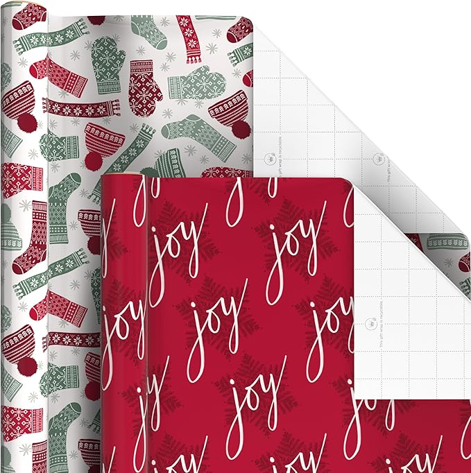 Hallmark Recycled and Recyclable Christmas Wrapping Paper Rolls with Cutlines on Reverse (6 Rolls: 150 Sq. Ft. Total) Deer, Mittens, Citrus with Pinecones, Red and Green Quilt
