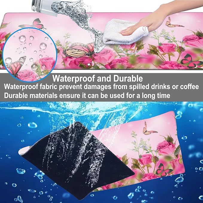 Mouse Pad, Large Pink Roses with Butterflies Desk Mat, Extended Non-Slip Gaming Keyboard Mousepad Desk Pad, Thick Stitched Edges Waterproof Mouse Mat 31.5"x15.7" (Beautiful Spring Floral)