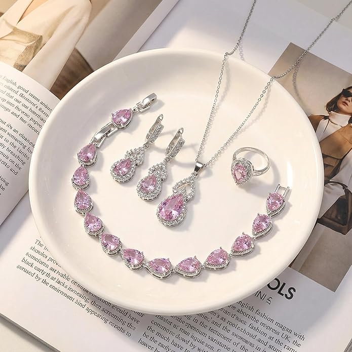 Classic Jewelry Set—Perfect for Weddings, Galas, and Everyday Wear—Includes Bracelet, Ring, Pendant Earrings, and Necklace ，Birthday Gift for Mother/Wife/Sister/Best Friend