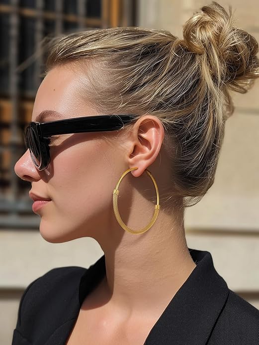 KeyStyle Mesh Hoop Earrings for Women, Stainless Steel Gold Hoops Earring Lightweight Loops, 2MM Thick Hypoallergenic Circle Endless Hollow Hoop 20mm-80mm